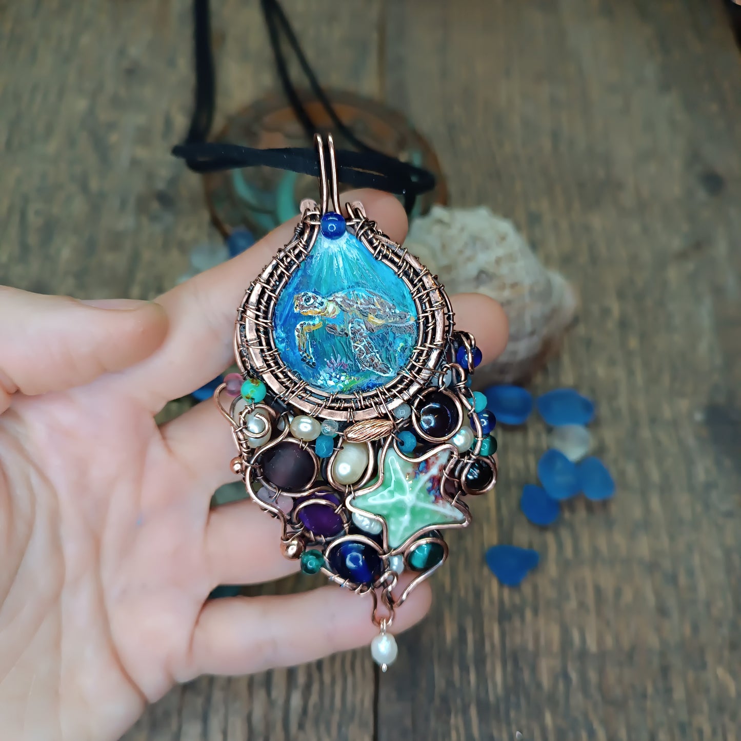 "Ocean" Copper necklace with mini paintings.