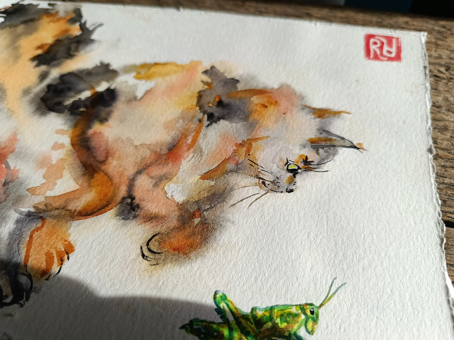 Hop hop! Fluffy cat and grasshopper. Original watercolour