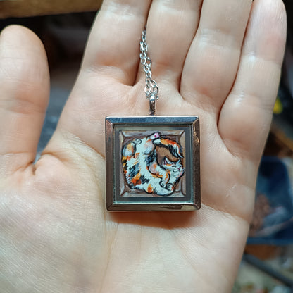 Cats in the box! Hand painted pendant. Reversible.