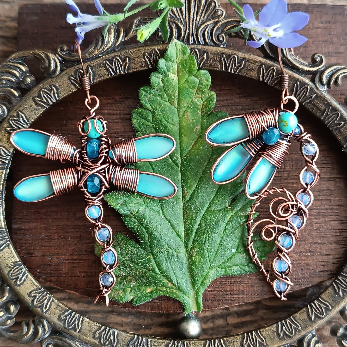 Blue dragonfly and bellflower earrings