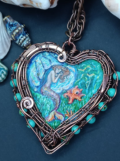 Heart of the ocean. Wire wrapped hand painted necklace. Reversible.