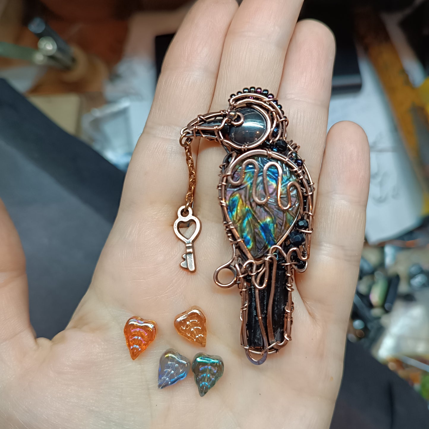 For Bex. Raven necklace with the carved labradorite wing