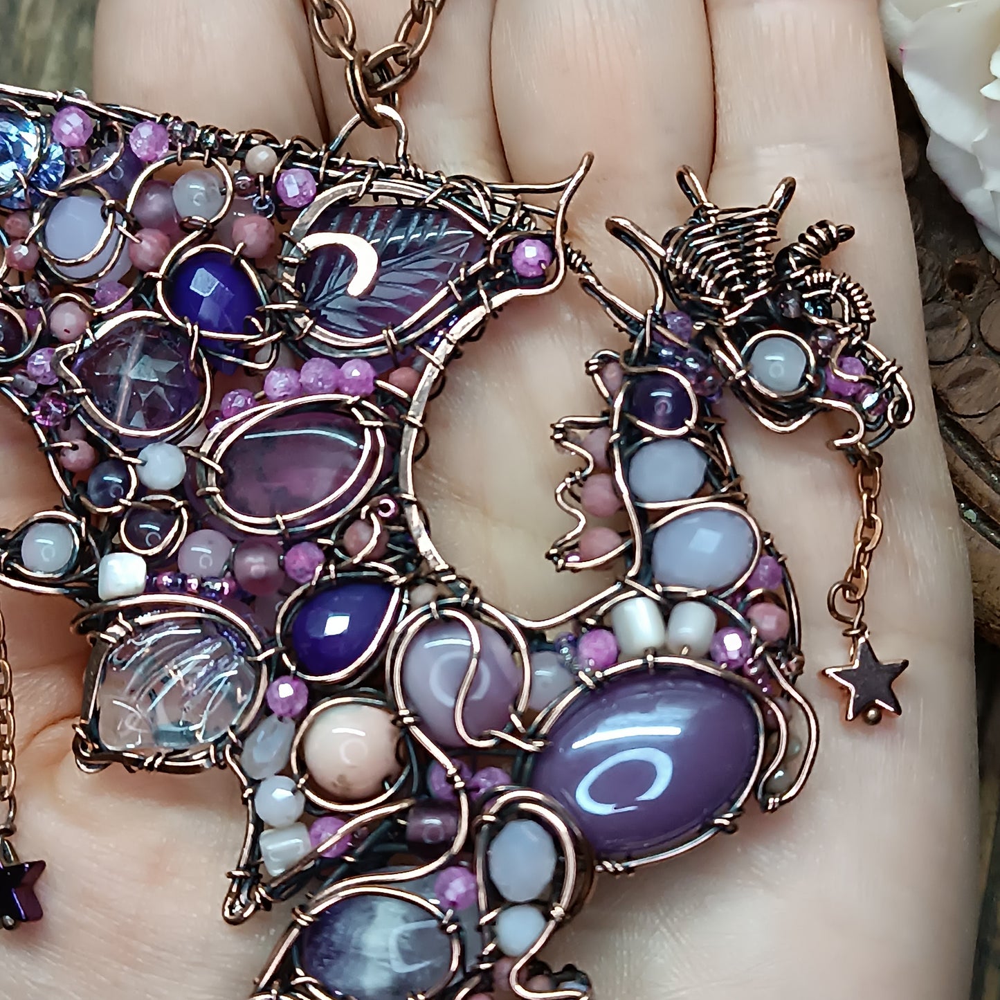 Pink and lavender Stars Catcher. Wire wrapped dragon necklace.
