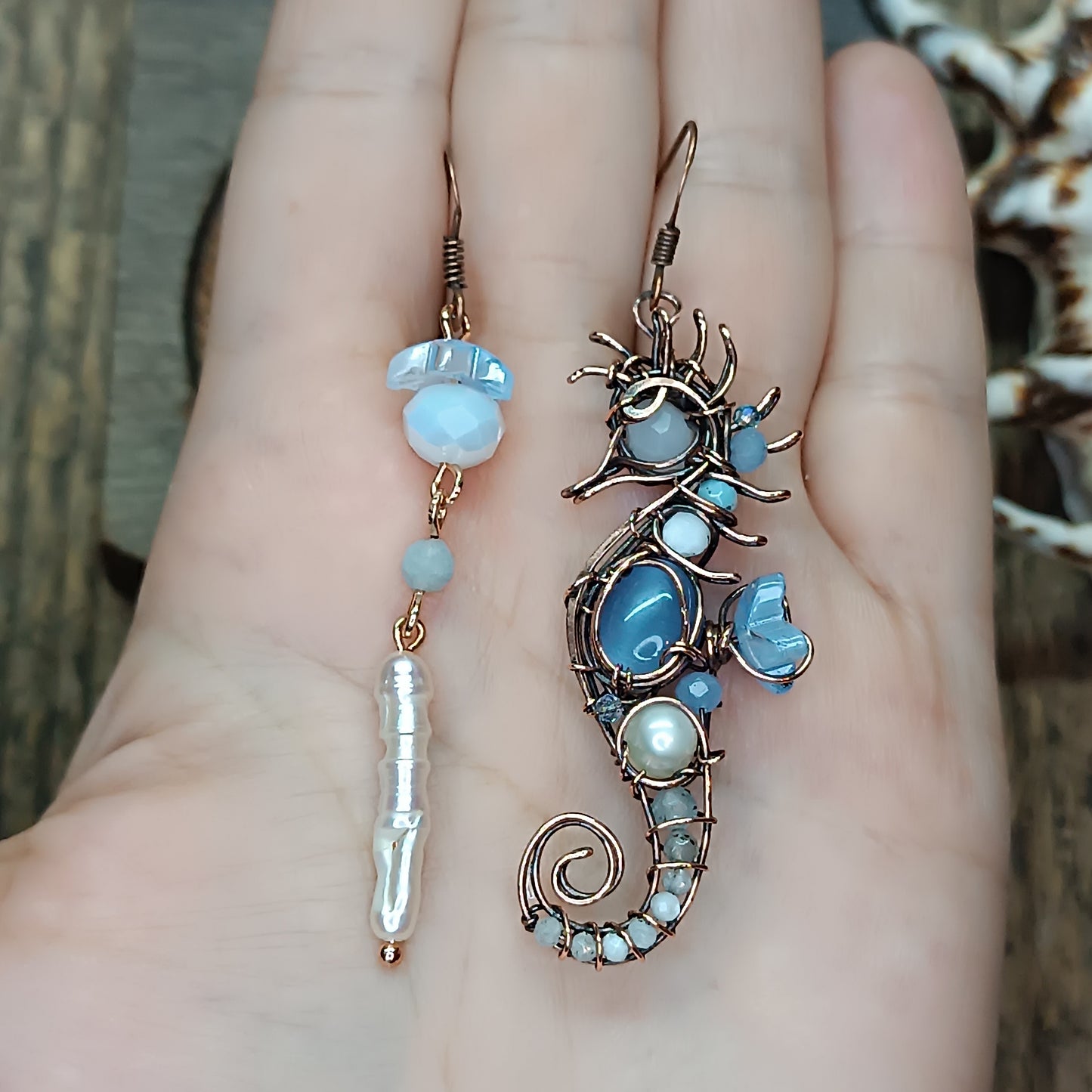 Blue and white seahorse earrings