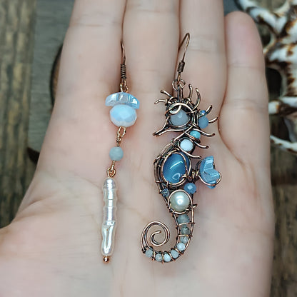 Blue and white seahorse earrings
