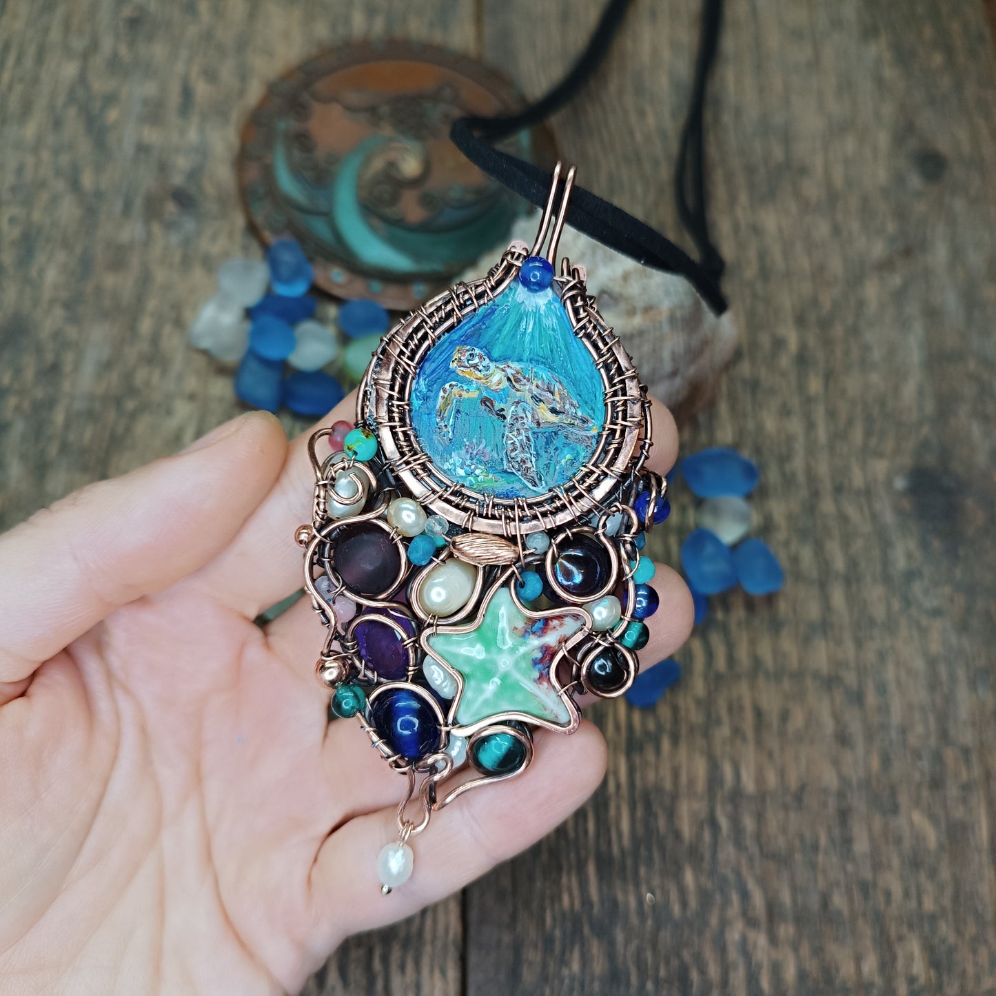 "Ocean" Copper necklace with mini paintings.