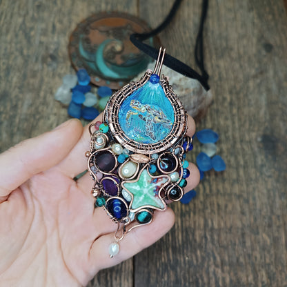 "Ocean" Copper necklace with mini paintings.