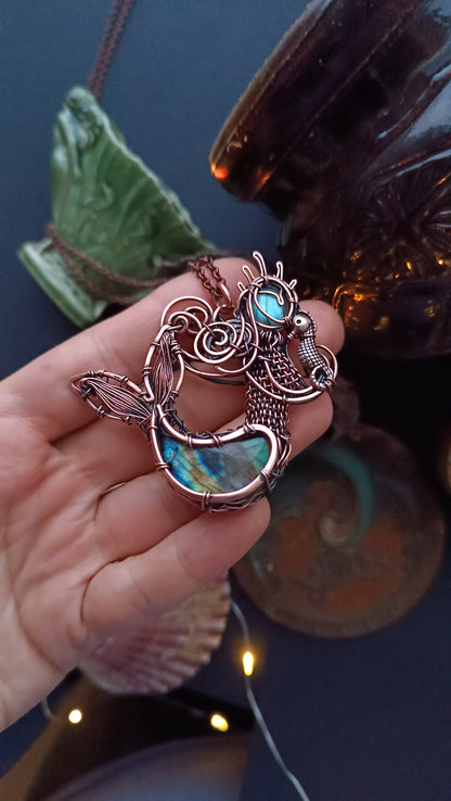 Mermaid and baby seahorse. Wire wrapped necklace