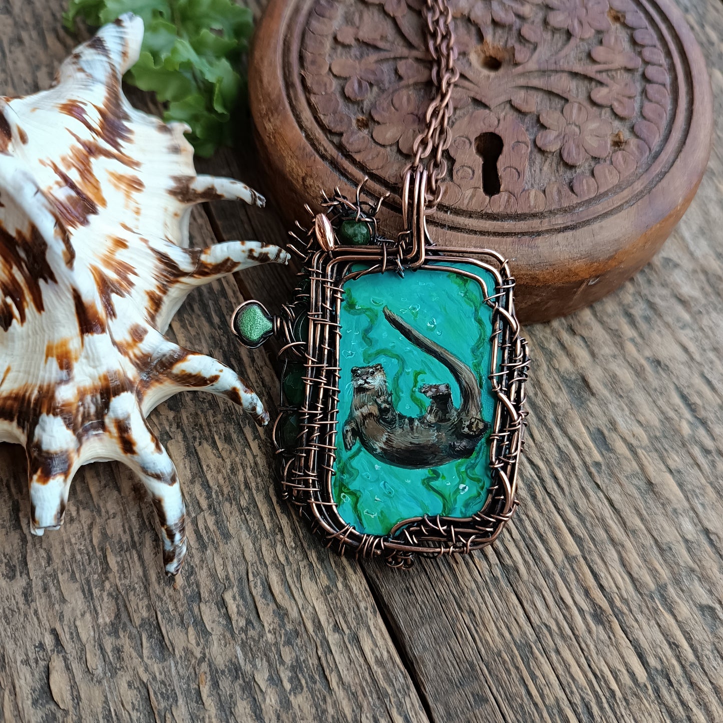 Aquatic adventure 🐢🦦 Hand painted wire wrapped necklace. 2 sided.