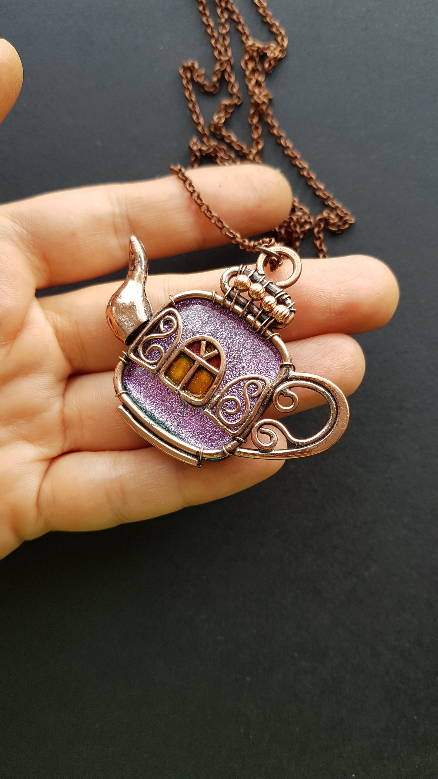 Magic sparkling purple fairy house teapot necklace.