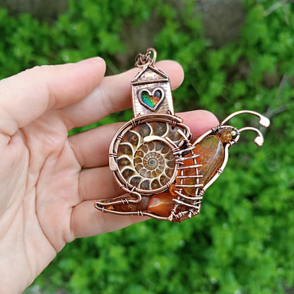 Snail and a fairy house necklace