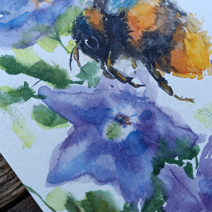 Buzy bee on bellflowers. Original watercolor on paper. Unframed.