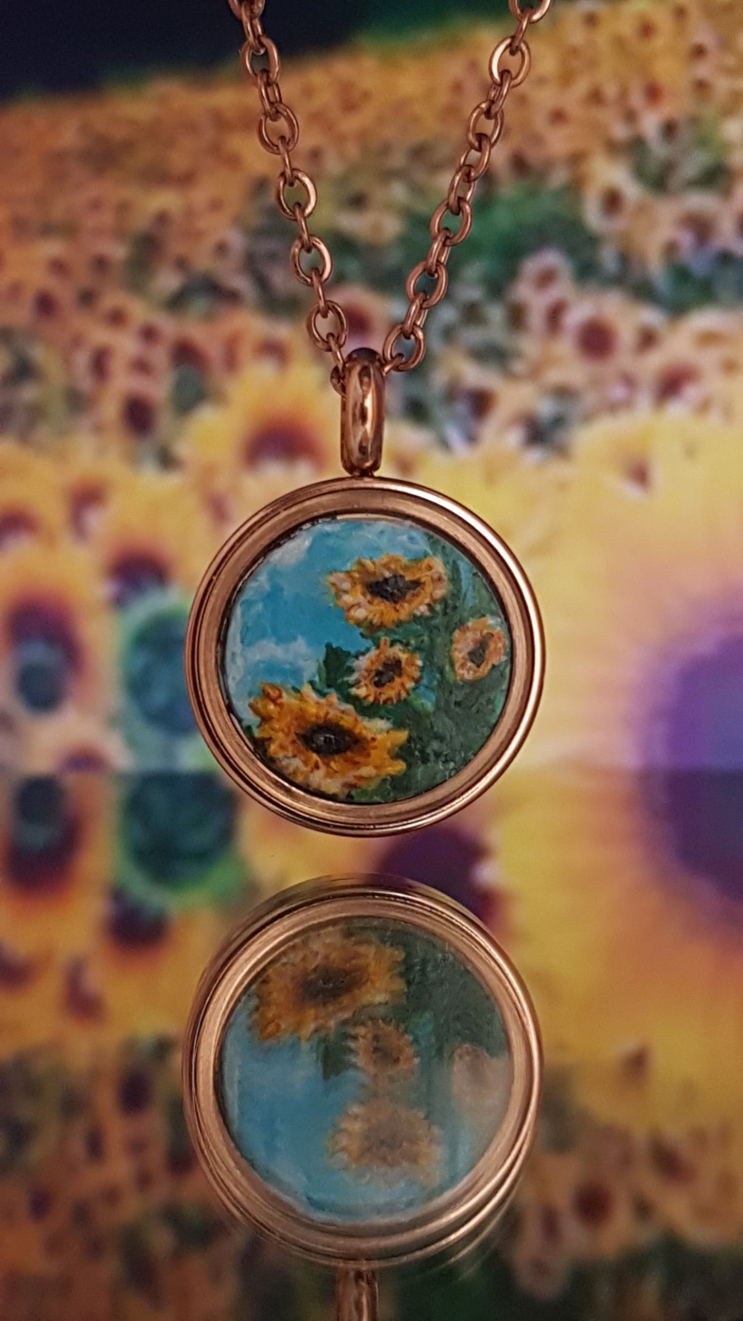 Bee and sunflowers. Double sided mini painted charm.