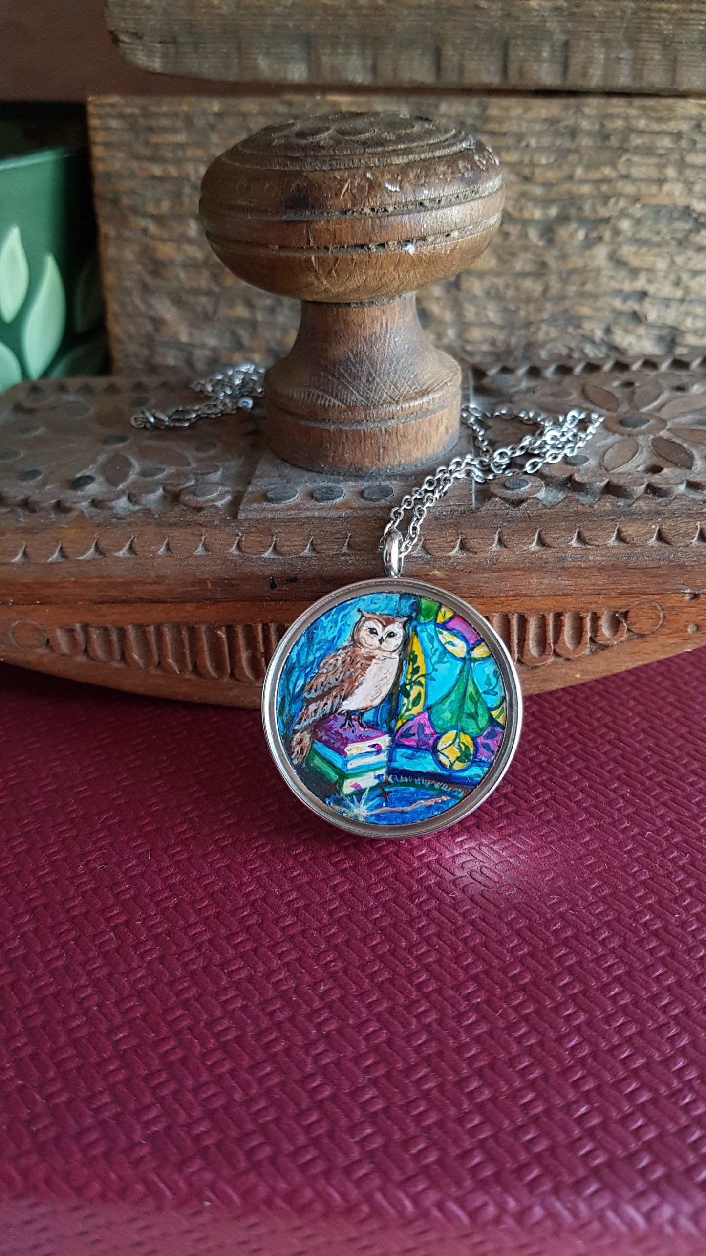 Forest magic owl. Double sided mini painted pendant.