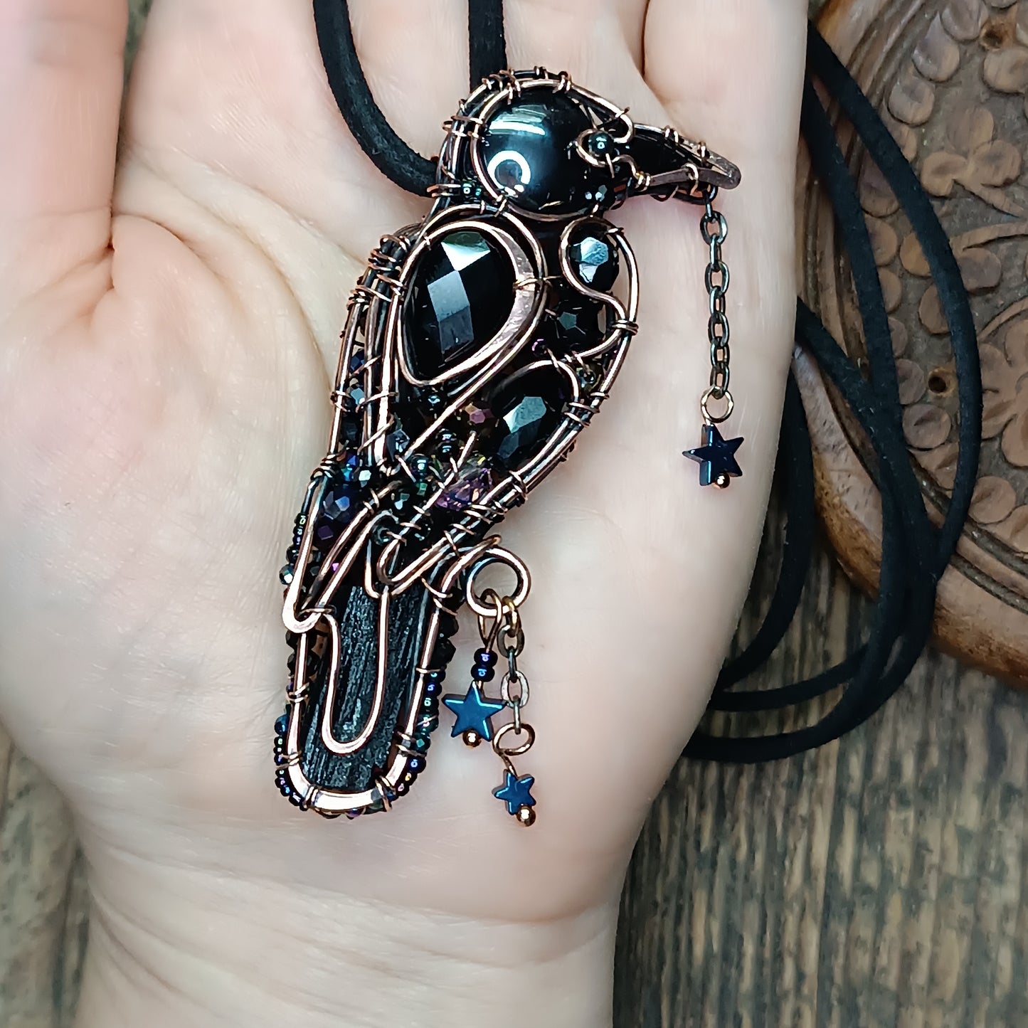 Stars keeper. Black raven necklace.