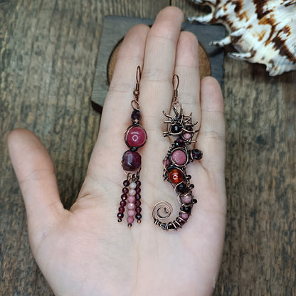 Rhodonite and garnet seahorse earrings
