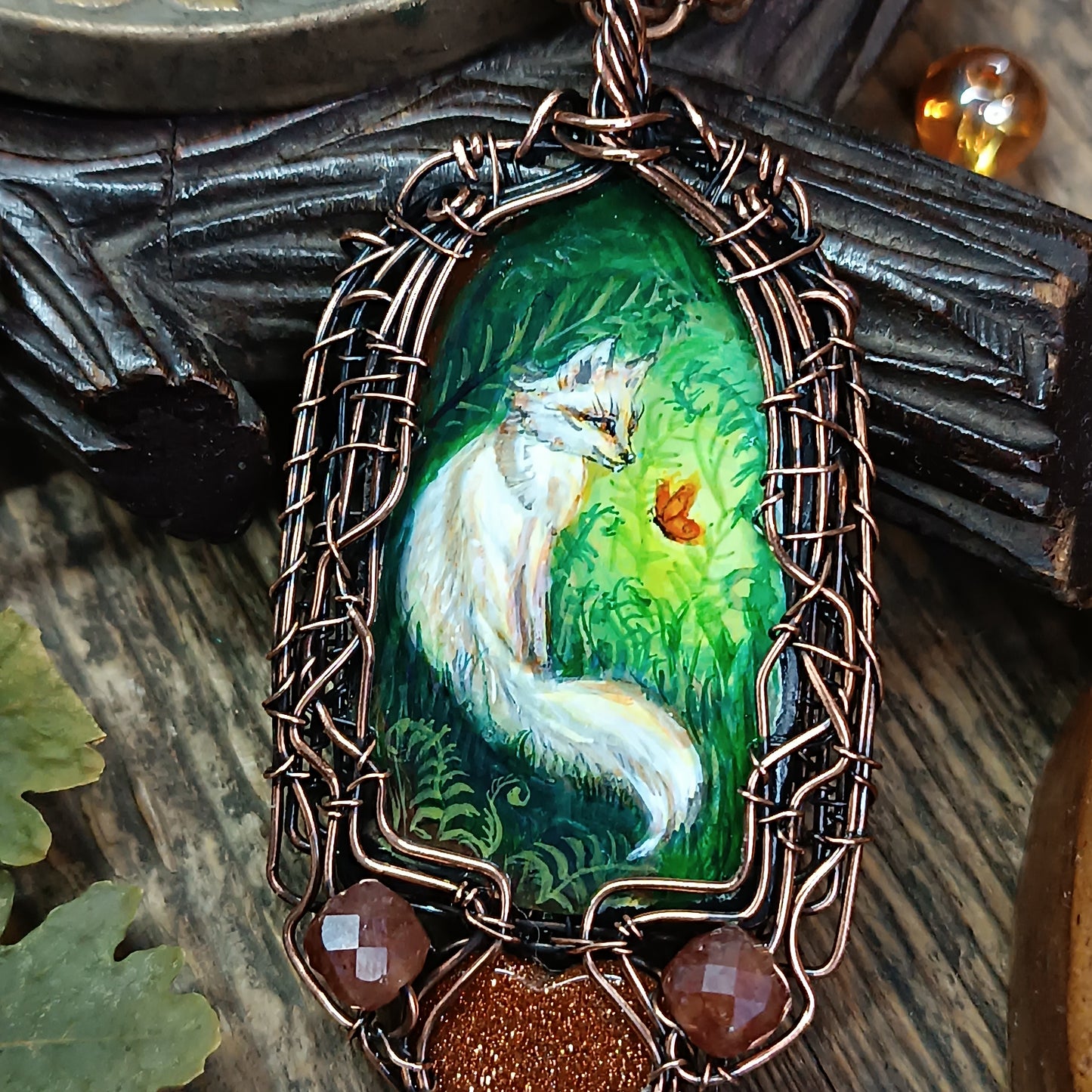 Forest light guardians.🦊🦊 Wire wrapped necklace with miniature paintings.
