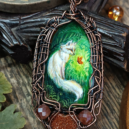 Forest light guardians.🦊🦊 Wire wrapped necklace with miniature paintings.