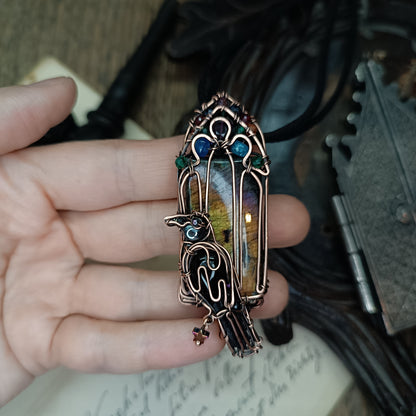 Raven on the stained glass window necklace