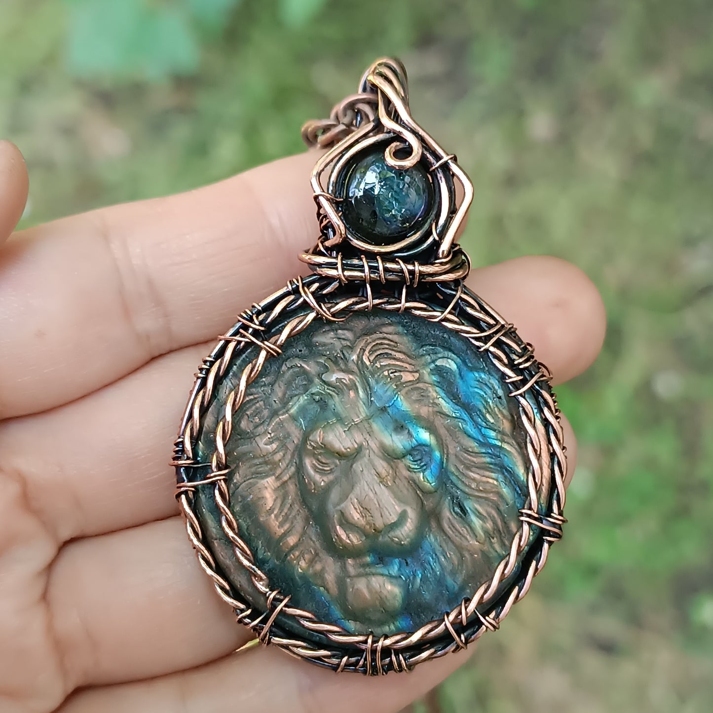 Carved leo labradorite necklace.