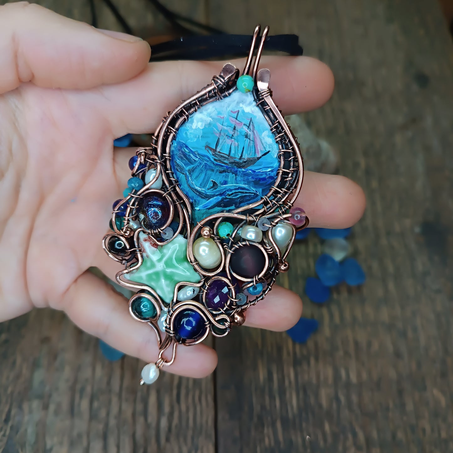 "Ocean" Copper necklace with mini paintings.