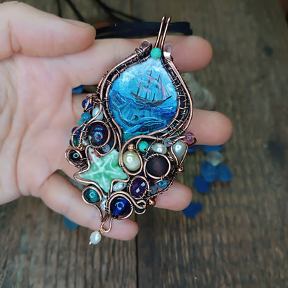 "Ocean" Copper necklace with mini paintings.