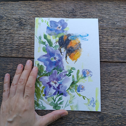 Buzy bee on bellflowers. Original watercolor on paper. Unframed.