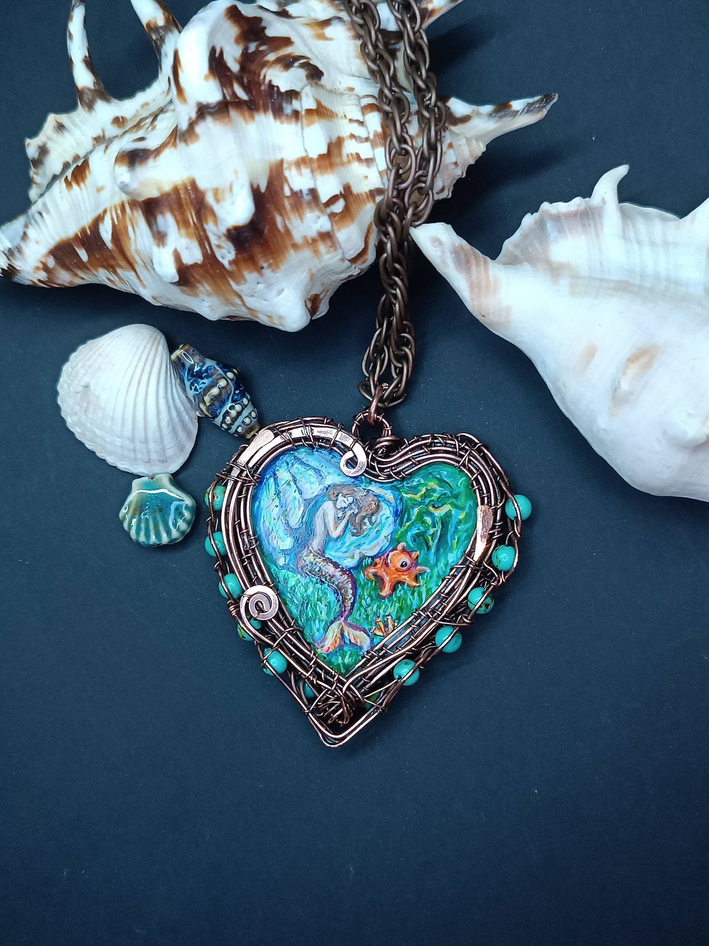 Heart of the ocean. Wire wrapped hand painted necklace. Reversible.