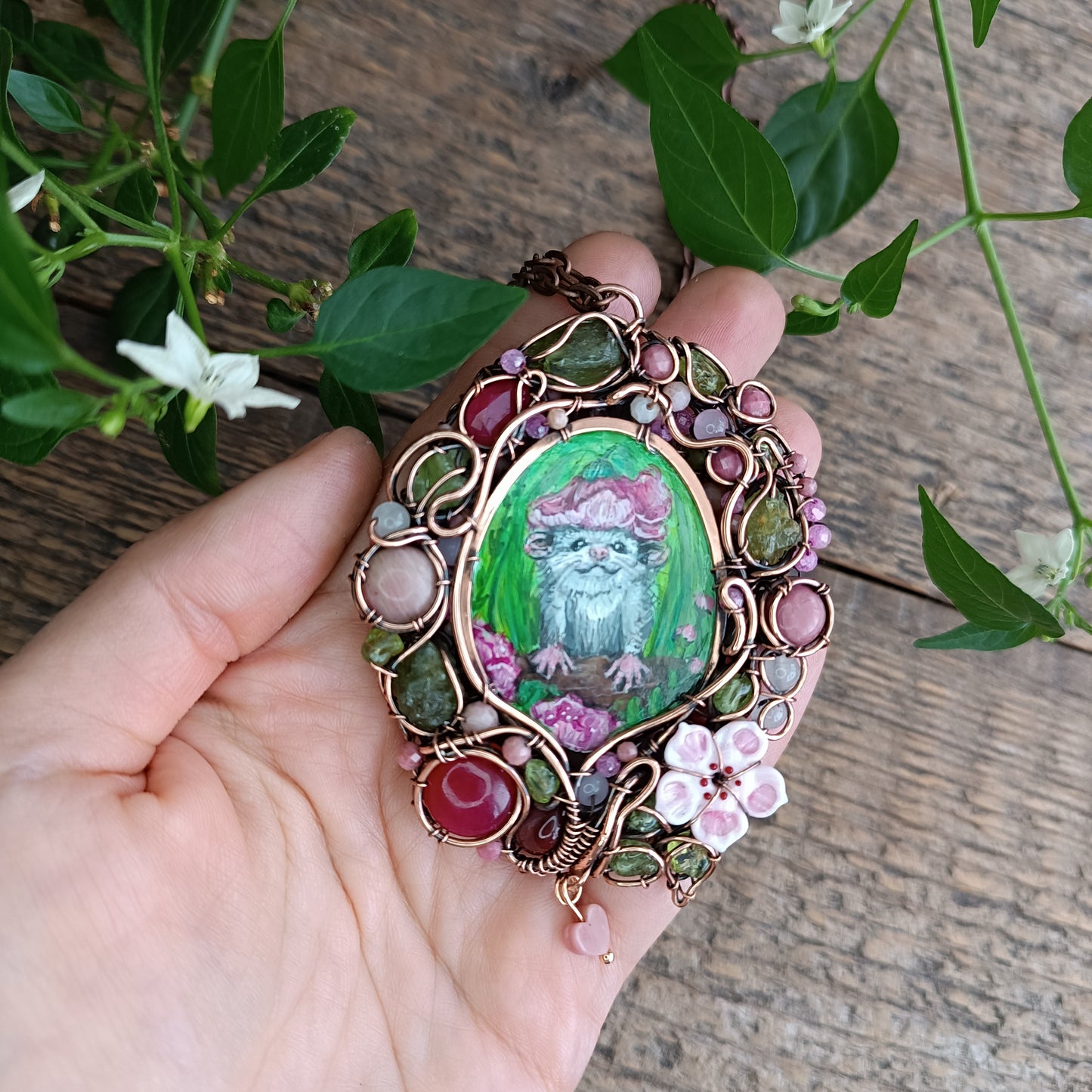 Charming possums and cherry blossom. Wire wrapped 2 sided necklace with miniature paintings