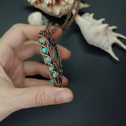 Heart of the ocean. Wire wrapped hand painted necklace. Reversible.