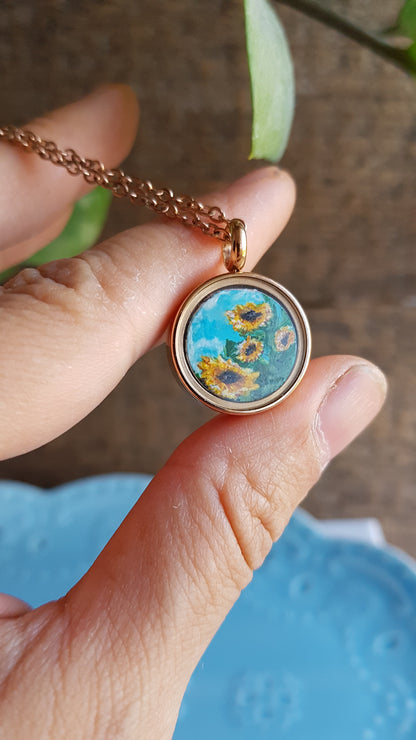 Bee and sunflowers. Double sided mini painted charm.