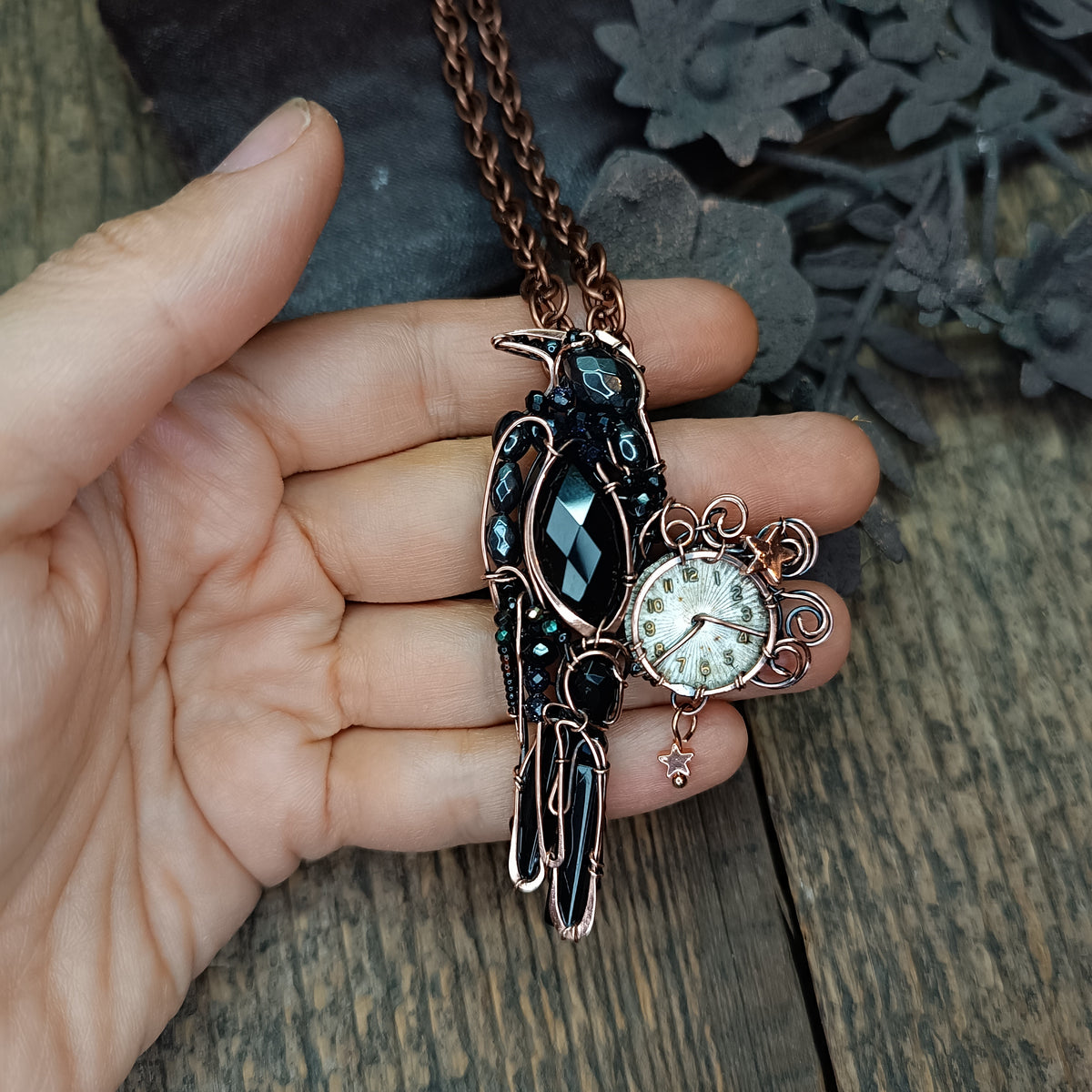 Time keeper. Raven necklace