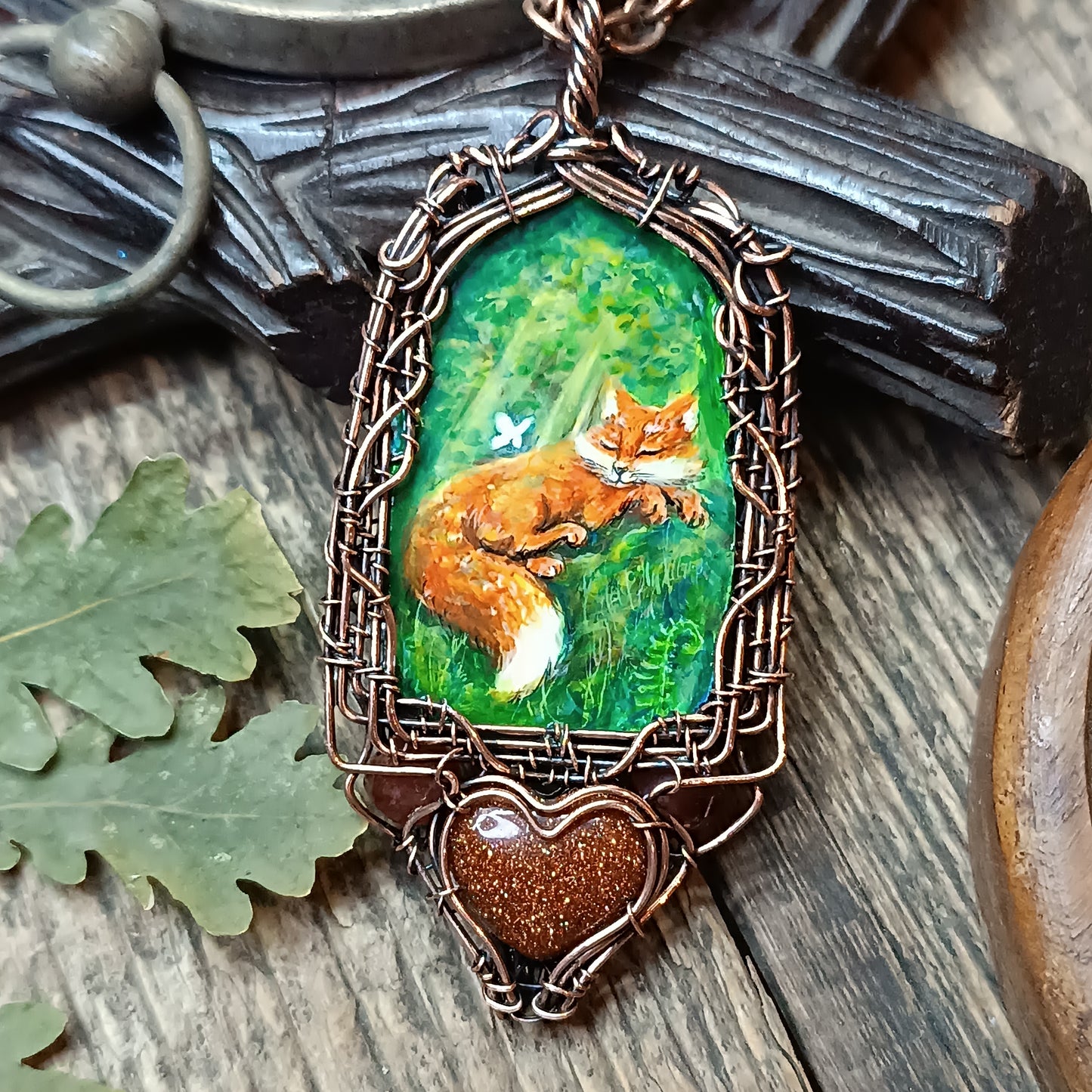 Forest light guardians.🦊🦊 Wire wrapped necklace with miniature paintings.