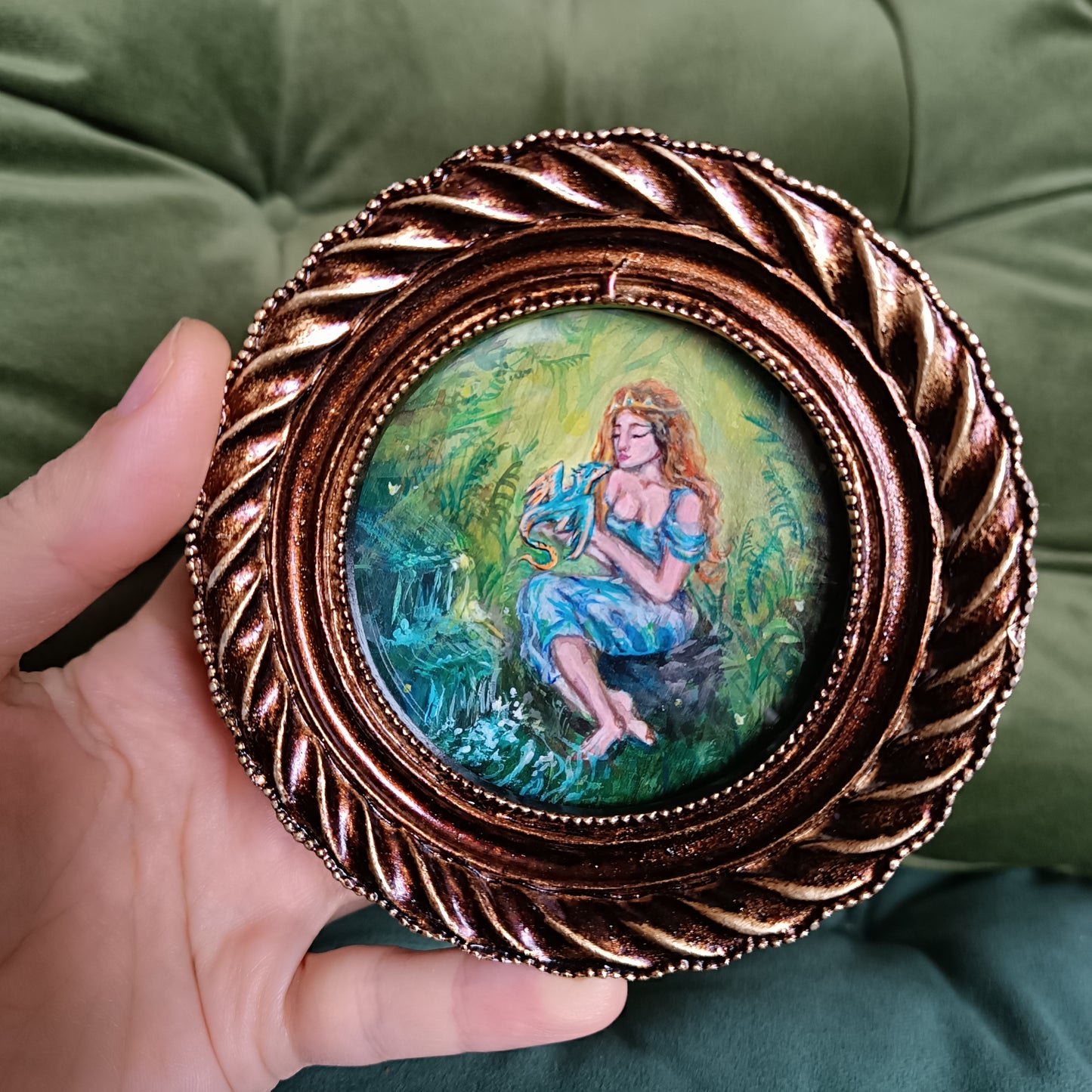 Princess and dragon. Original acrylic painting in a frame.