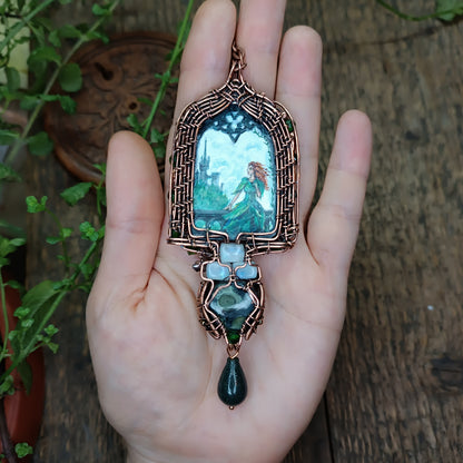 The ballad of white unicorn and princess. Wire wrapped necklace with miniature paintings.