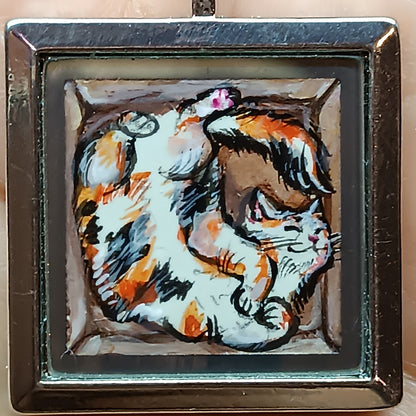 Cats in the box! Hand painted pendant. Reversible.