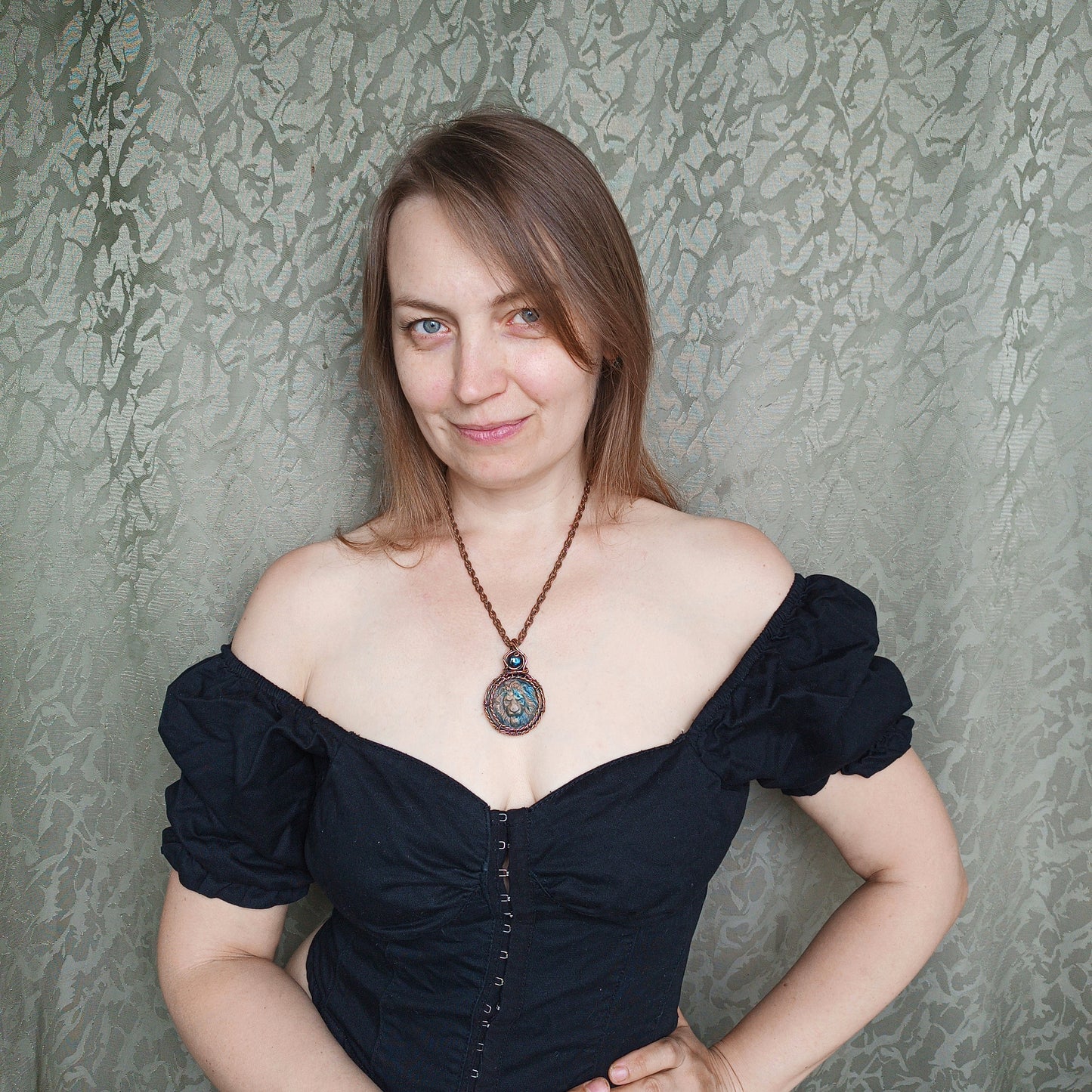 Carved leo labradorite necklace.