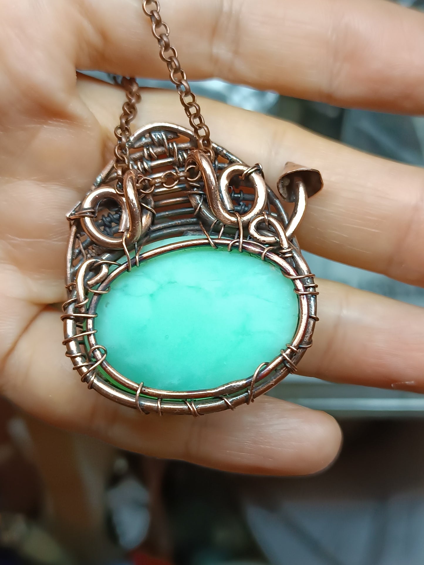 Chrysocolla fairy house pendant.