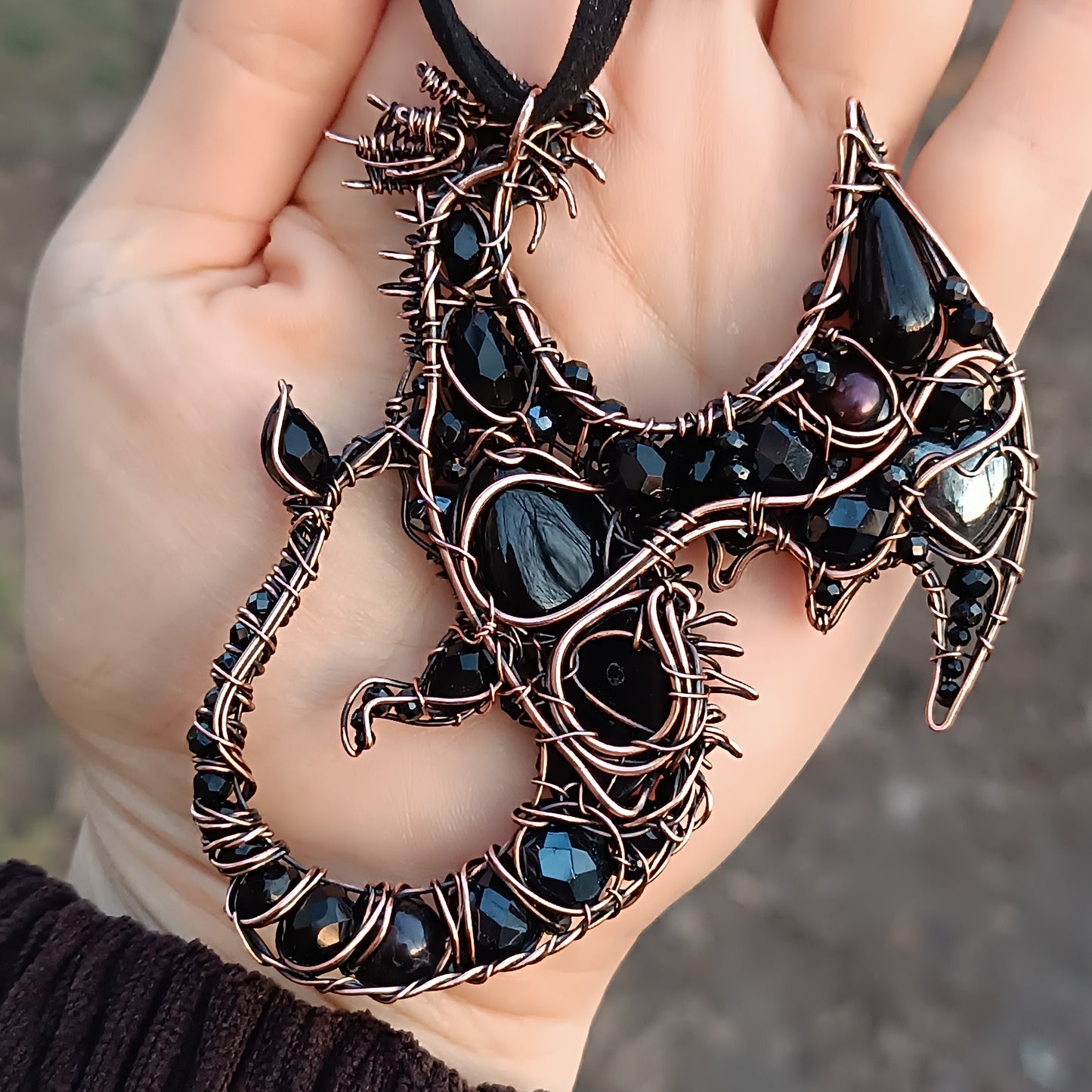 Black Crystal. Dragon necklace.
