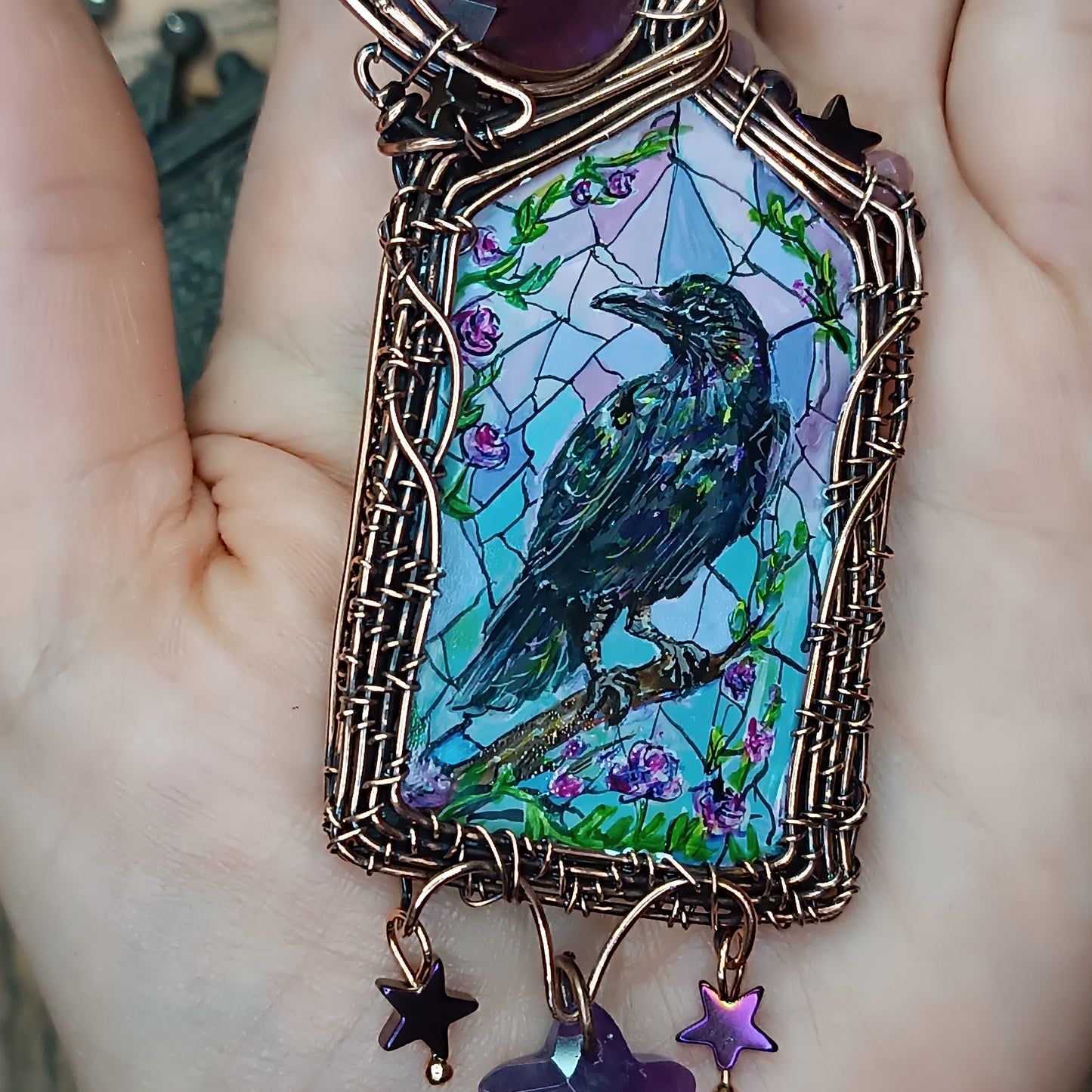 Medieval window necklace. Raven and Bat.