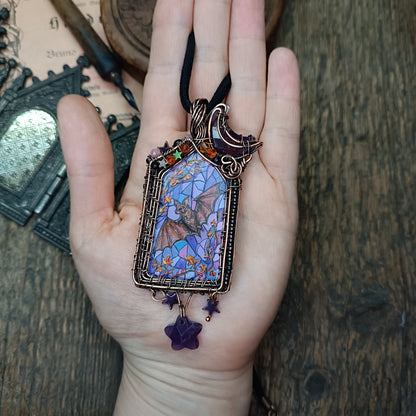 Medieval window necklace. Raven and Bat.