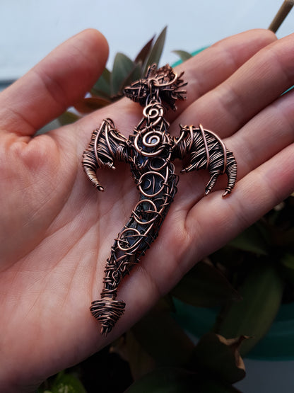 Dancing in the sky. Blue dragon with open wings. Copper pendant.