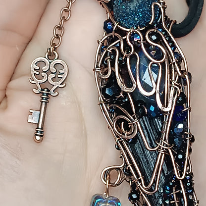 Dark blue night Secret keeper necklace. Blue raven.