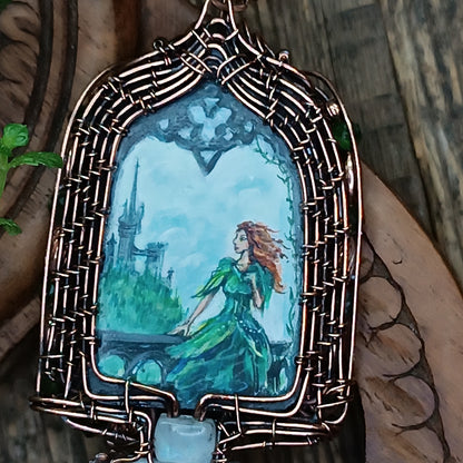 The ballad of white unicorn and princess. Wire wrapped necklace with miniature paintings.