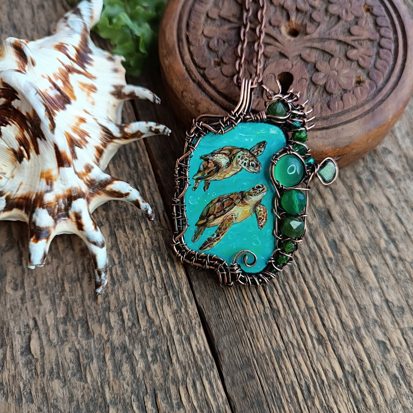 Aquatic adventure 🐢🦦 Hand painted wire wrapped necklace. 2 sided.