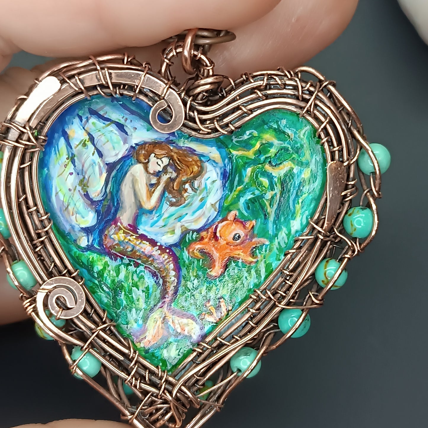 Heart of the ocean. Wire wrapped hand painted necklace. Reversible.