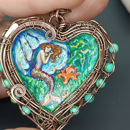 Heart of the ocean. Wire wrapped hand painted necklace. Reversible.
