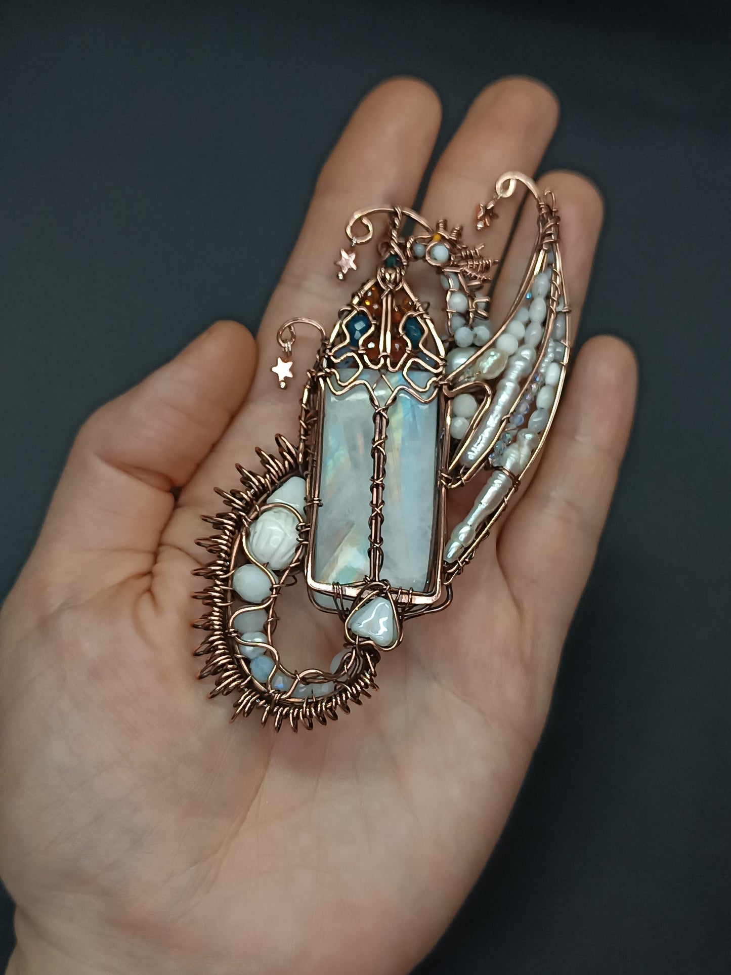 The ballad of the Pearl Dragon and the Moonstone Castle. Wire wrapped necklace