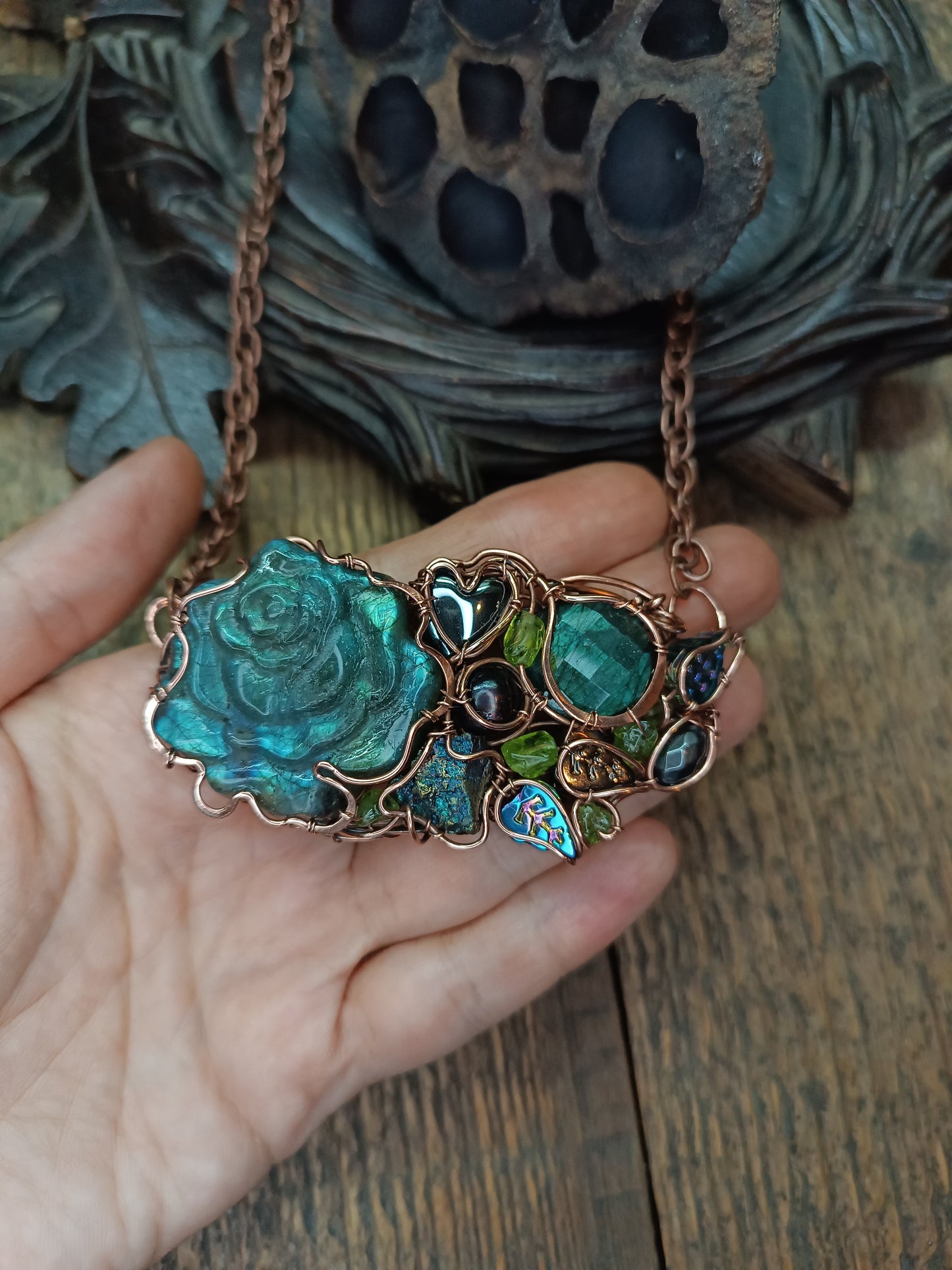 Blue peacock rose necklace