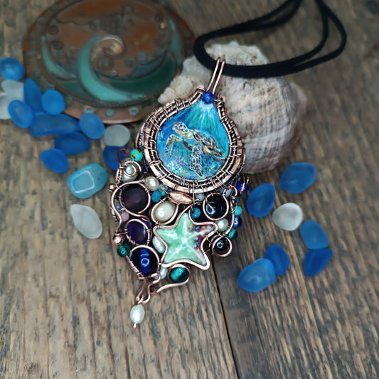 "Ocean" Copper necklace with mini paintings.
